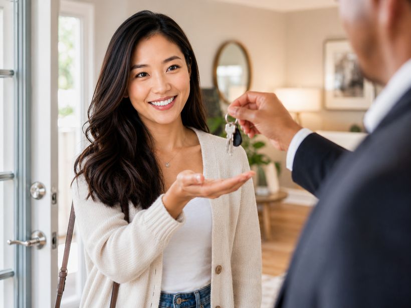 Agent handing new tenant the keys at the front door